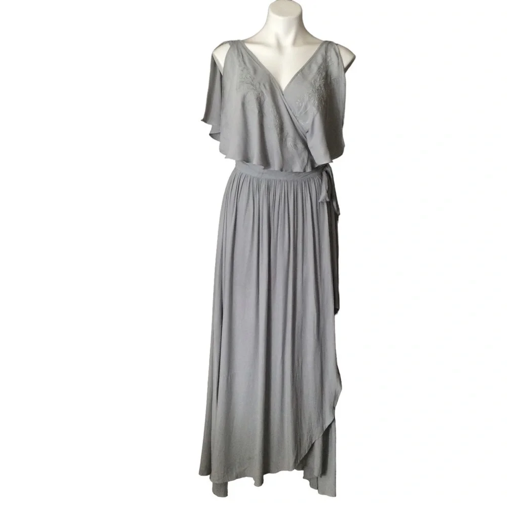 Free People Blue Gray Embroidered Fiona Maxi‎ True Wrap Dress